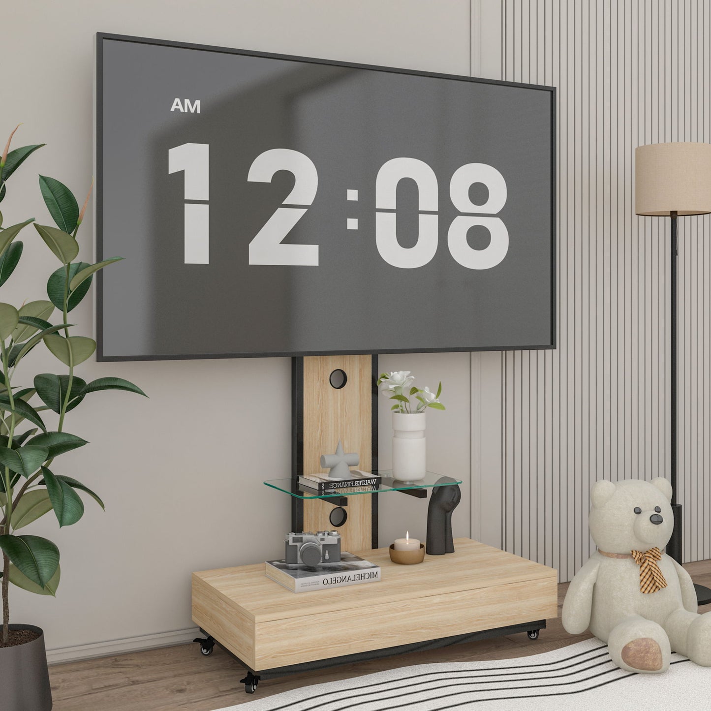 Mobile TV Cart With Push Pull Drawer, Lockable Wheels