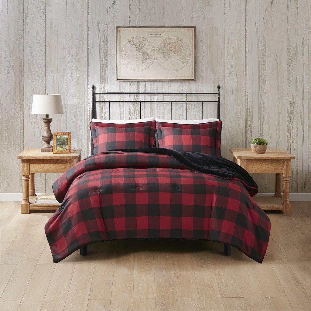 Bernston - Faux Wool to Faux Fur Down Alternative Comforter Set - Red Buffalo Check