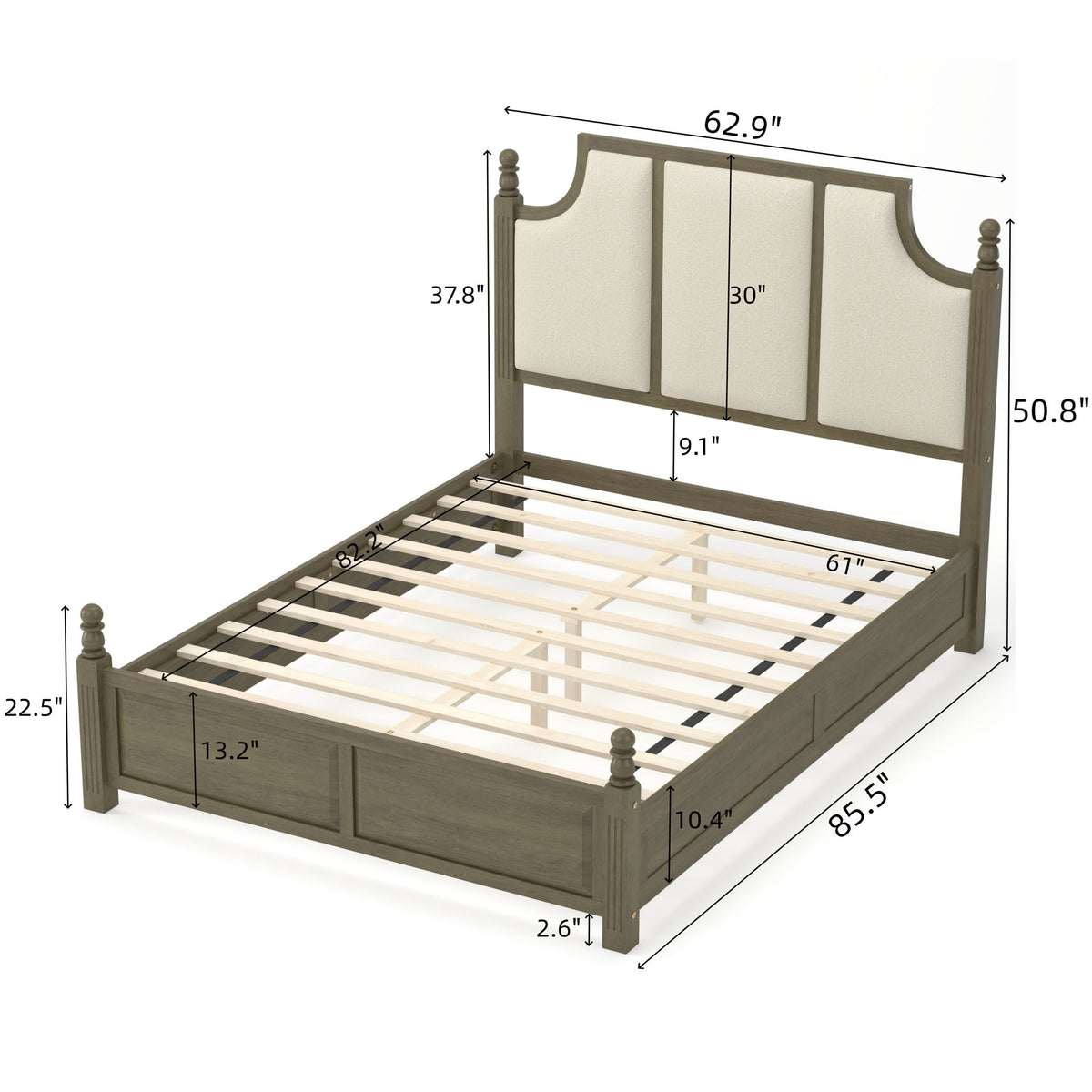Farmhouse Platform Bed Frame With Tall Linen Upholstered Headboard