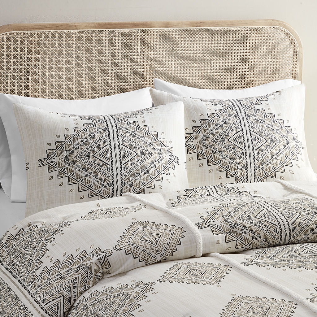 Ibiza - 4 Piece Printed Comforter Set With Throw Pillow - Black / Ivory