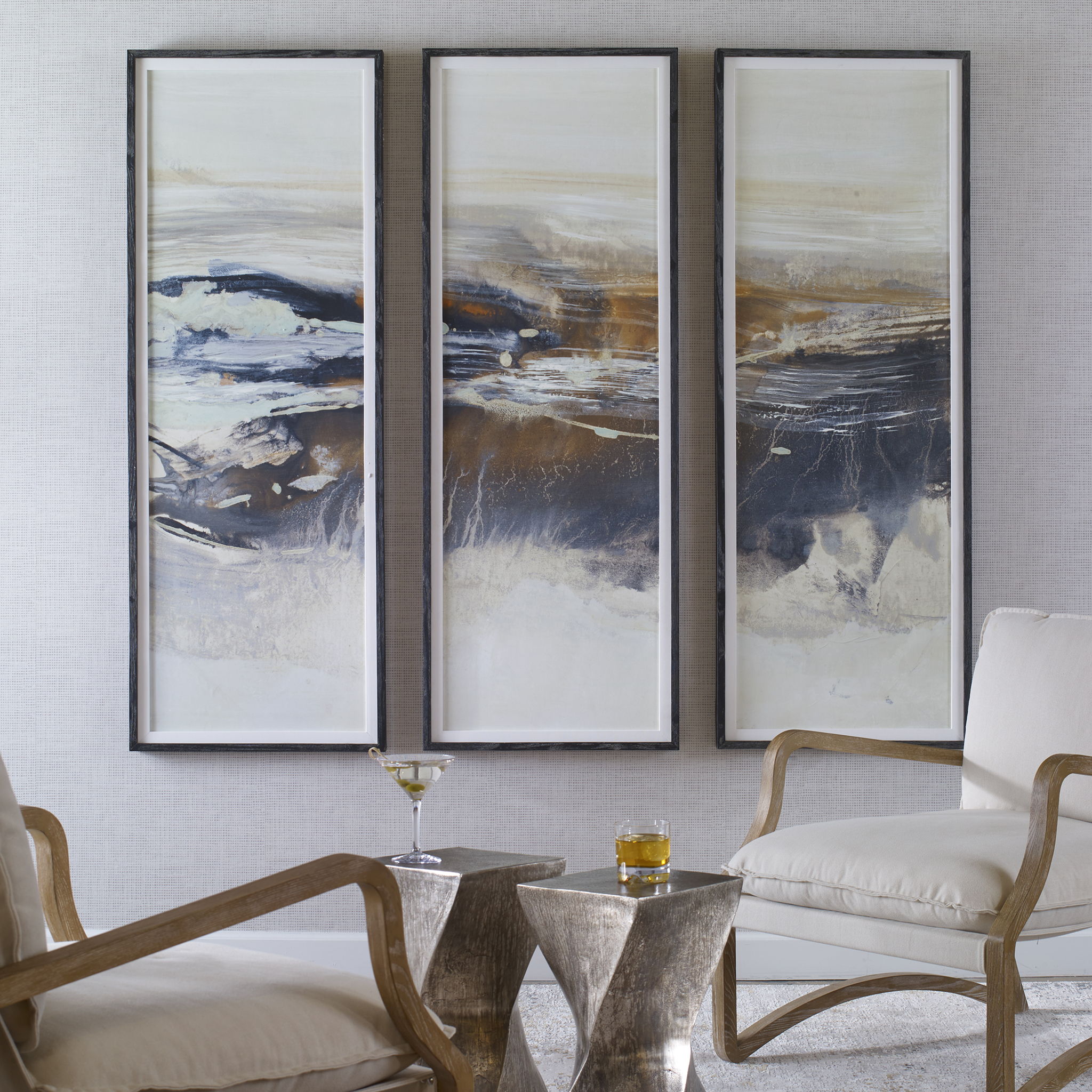 Graphite - Horizon Framed Prints (Set of 3) - Pearl Silver