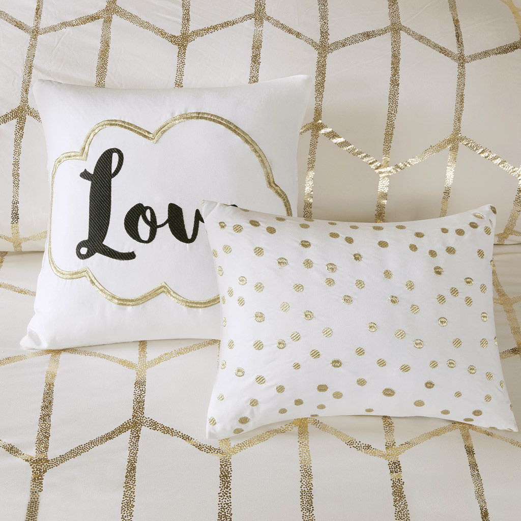 Raina - Twin Metallic Printed Comforter Set - Ivory / Gold