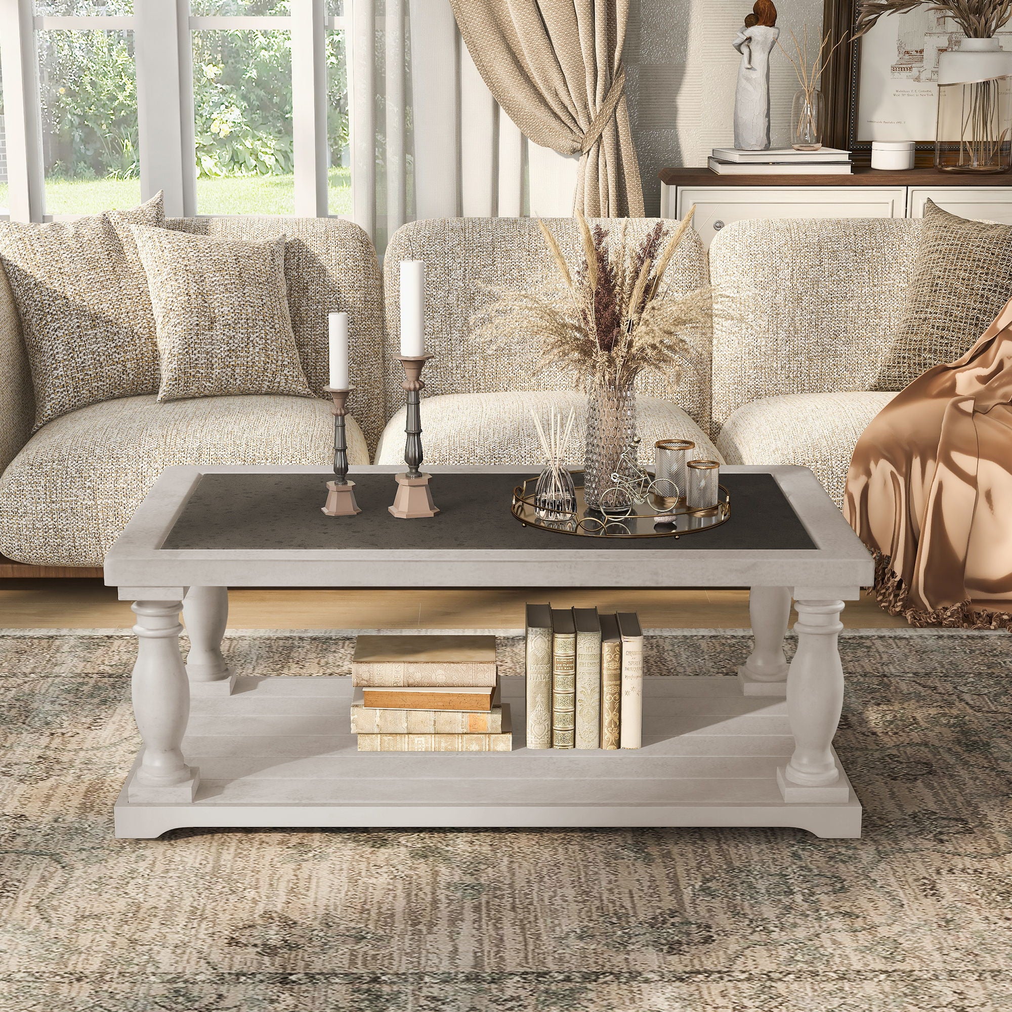 Farmhouse Rectangular Coffee Table With 2 Tiers