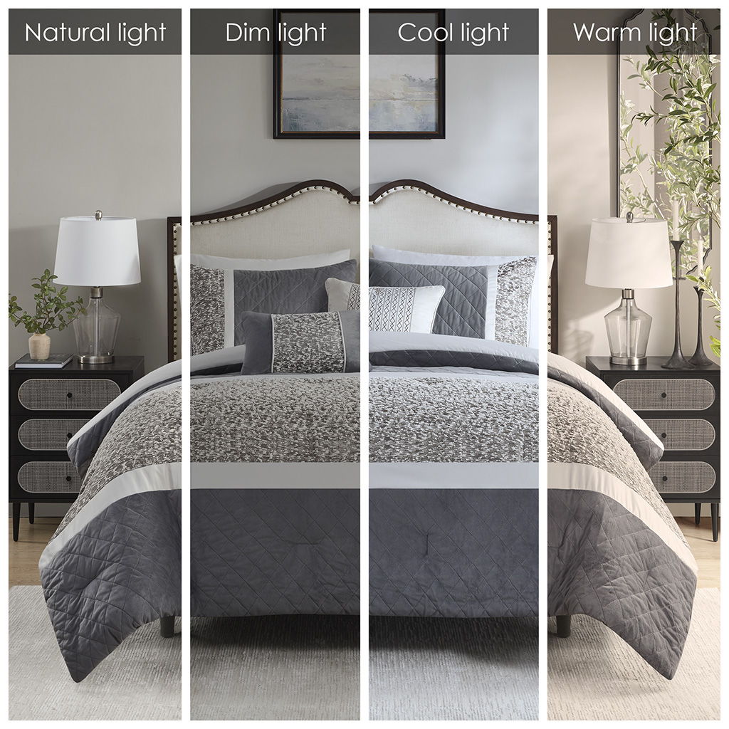 Amelia - 5 Piece Textured Jacquard Stripe Comforter Set With Throw Pillows - Gray