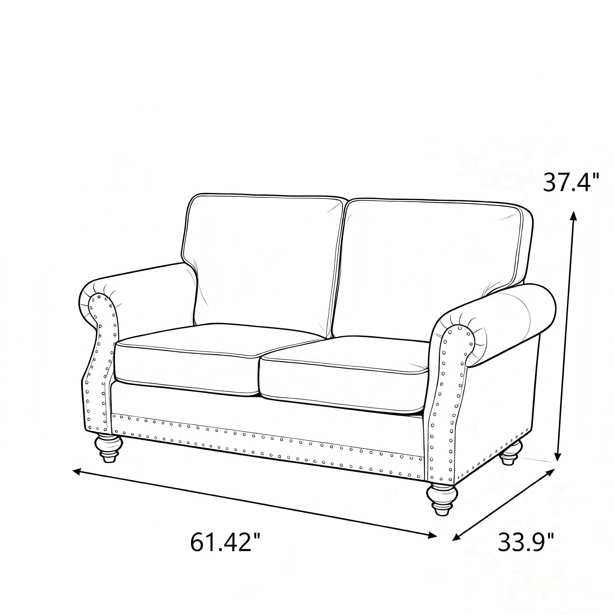 Loveseat Sofa With Nailhead Detail & Turned Legs, 2 Seater Upholstered Couch