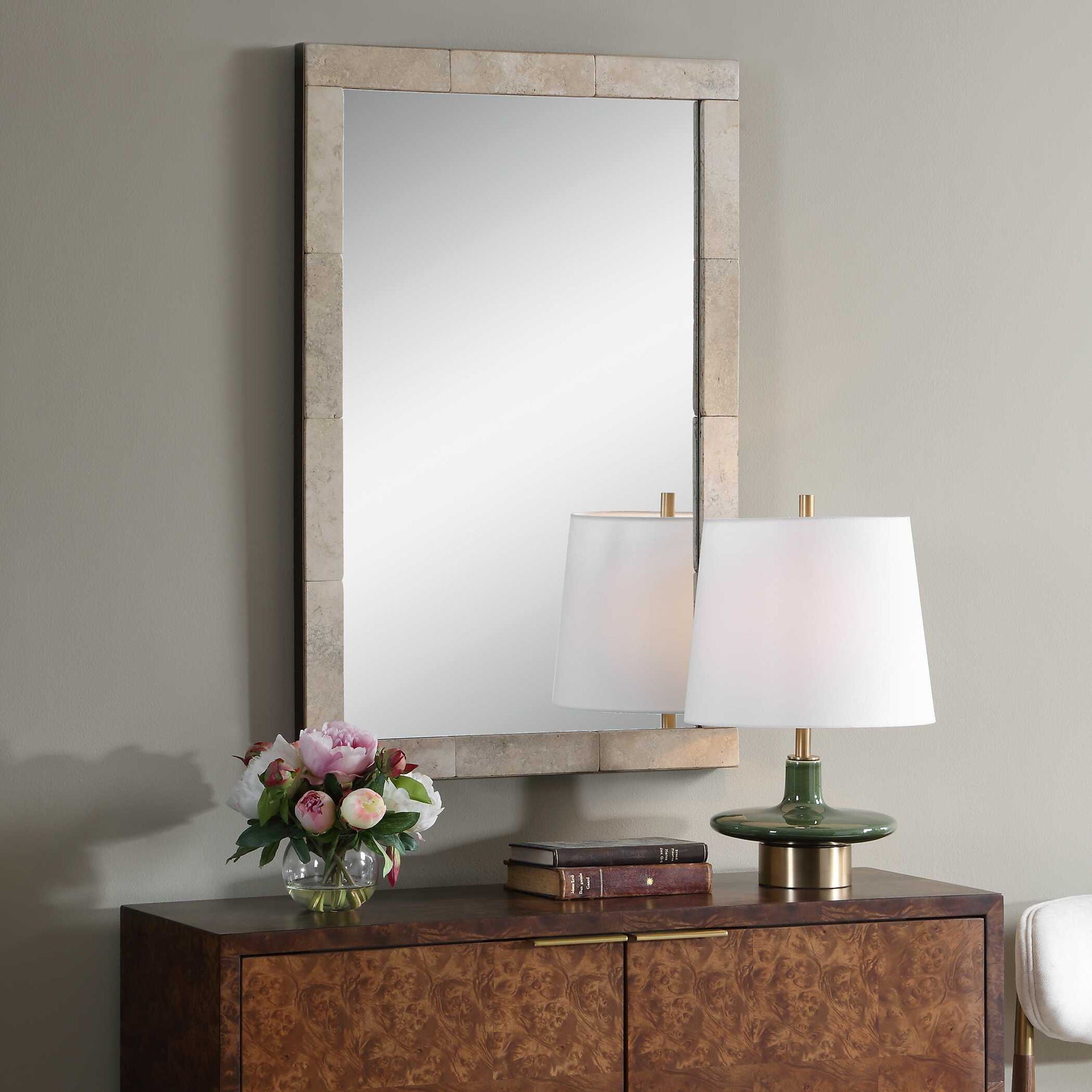 Pave - Rectangular Travertine Mirror - White