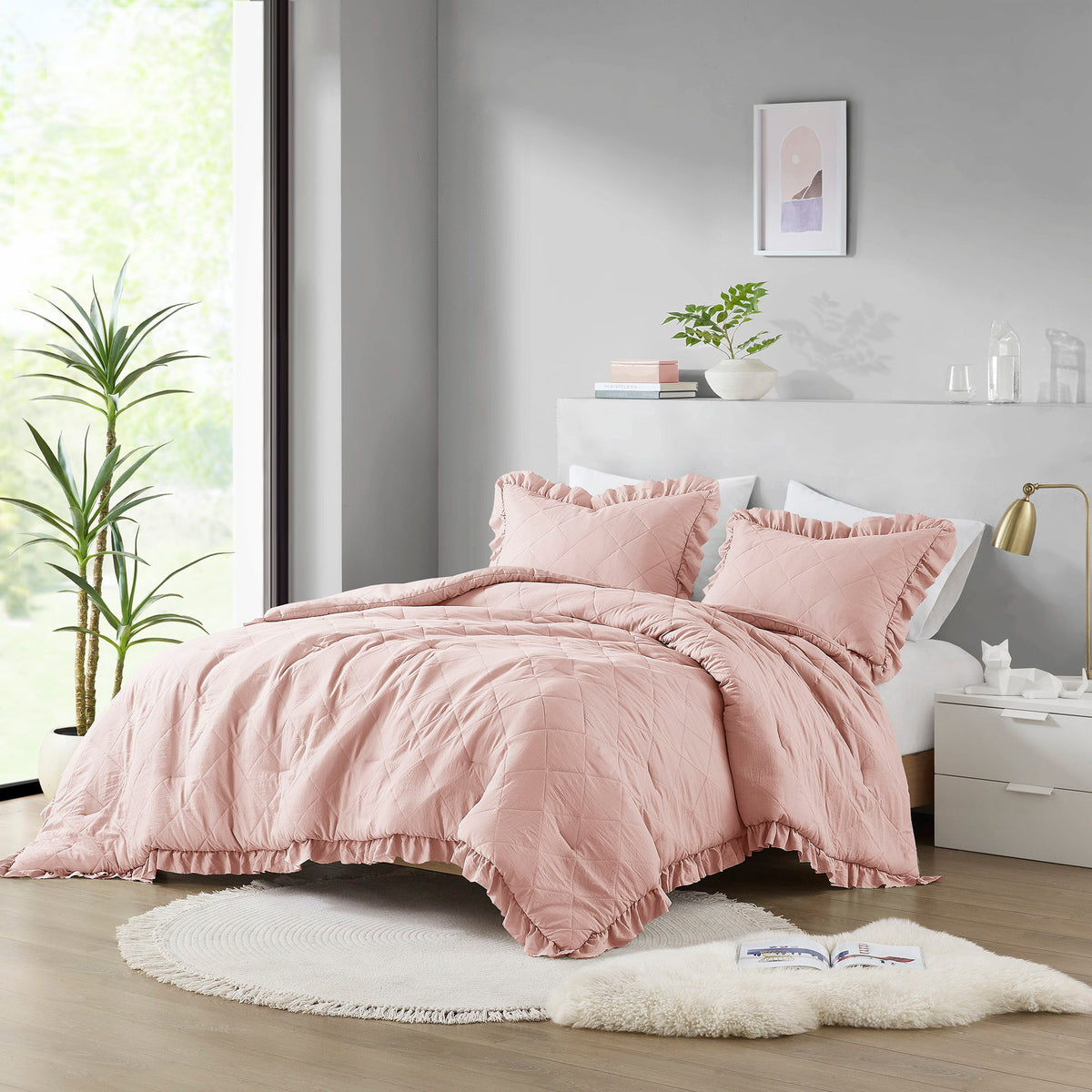 Phoebe - Twin/Twin Long Diamond Quilted Ruffle Edge Comforter Set - Blush