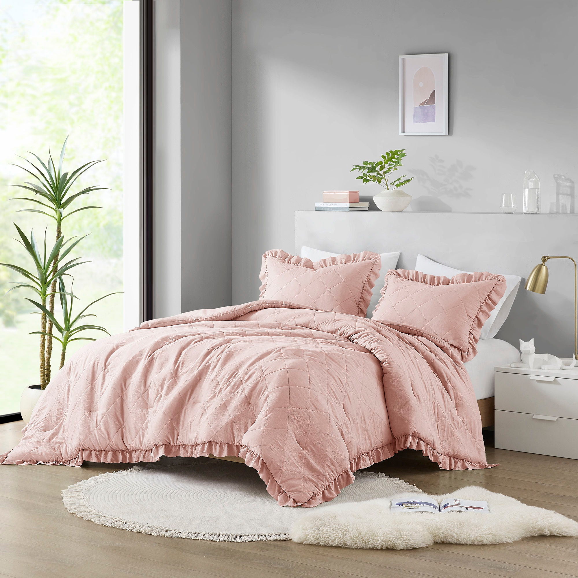Phoebe - King/California King Diamond Quilted Ruffle Edge Comforter Set - Blush