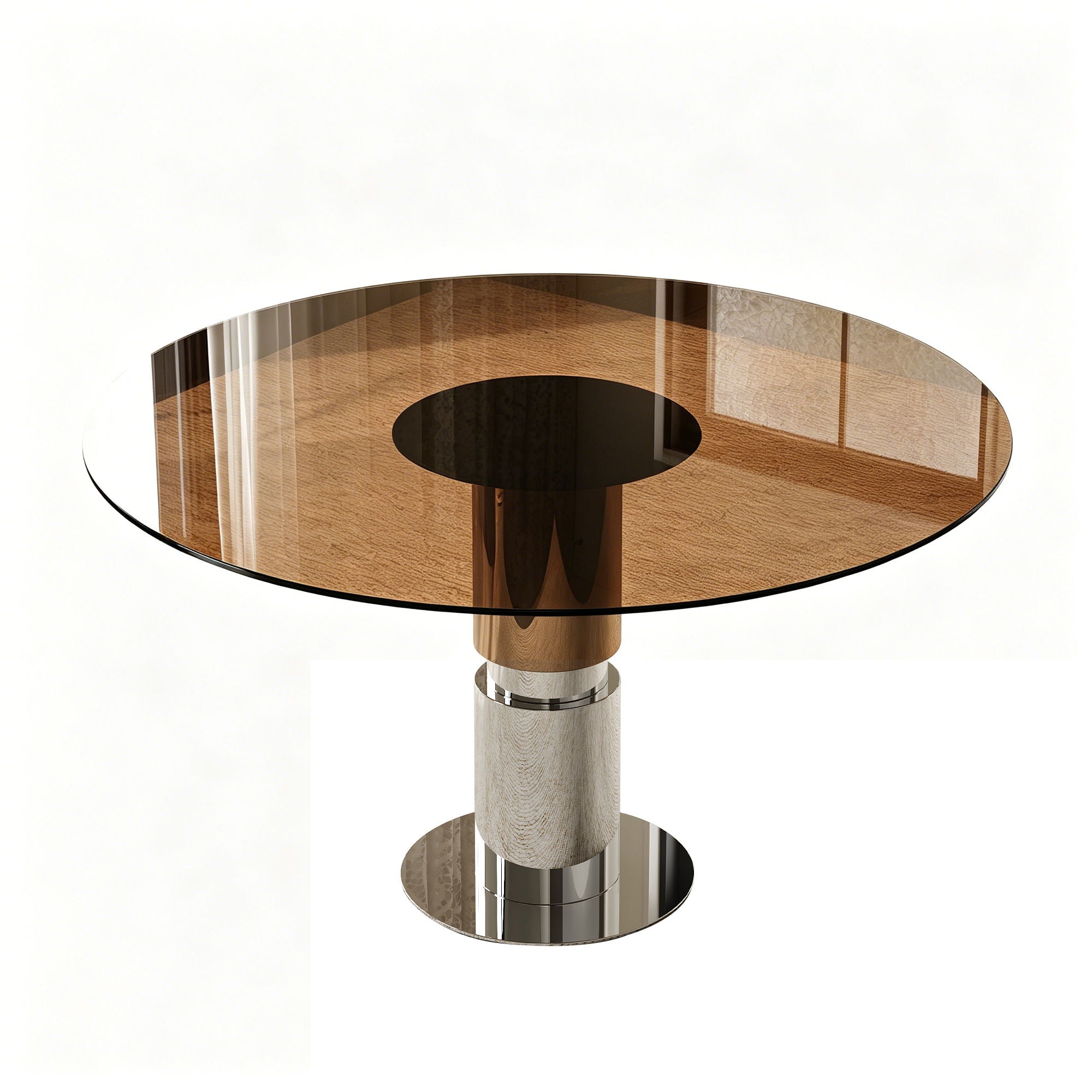 Round Dining Table With Tempered Glass Top - Brown