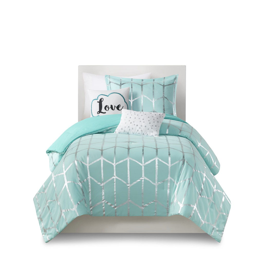 Raina - Twin Metallic Printed Comforter Set - Aqua / Silver