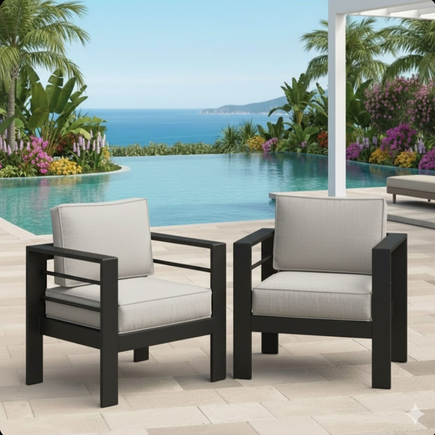 Modern All-Weather Patio Armchairs With Thick Cushions (Set of 2)