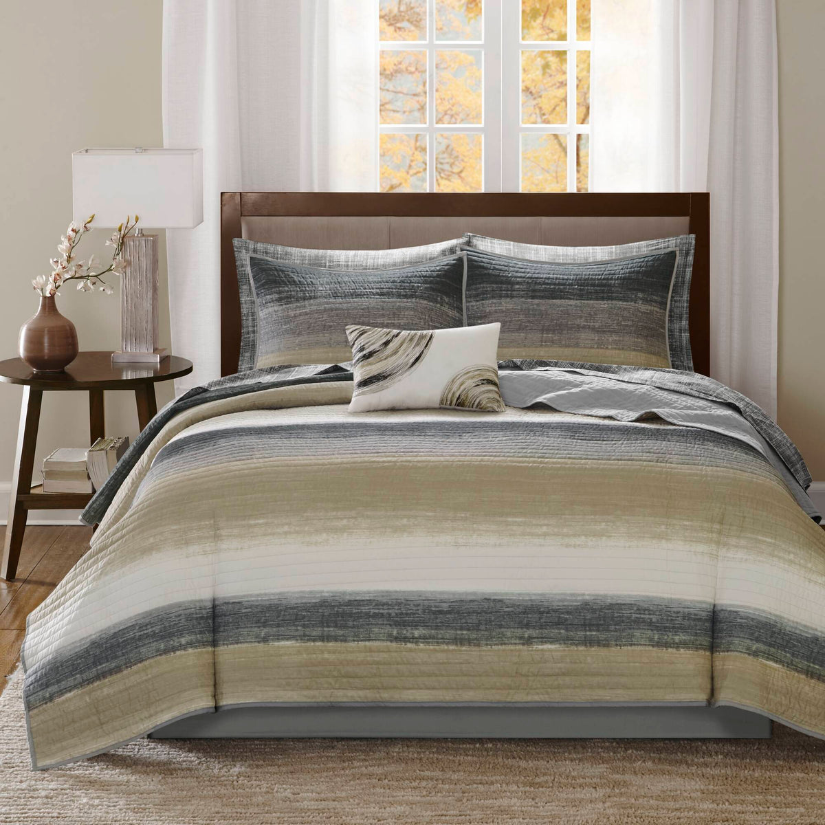 Saben - Twin Complete Reversible Coverlet And Sheet Set - Taupe