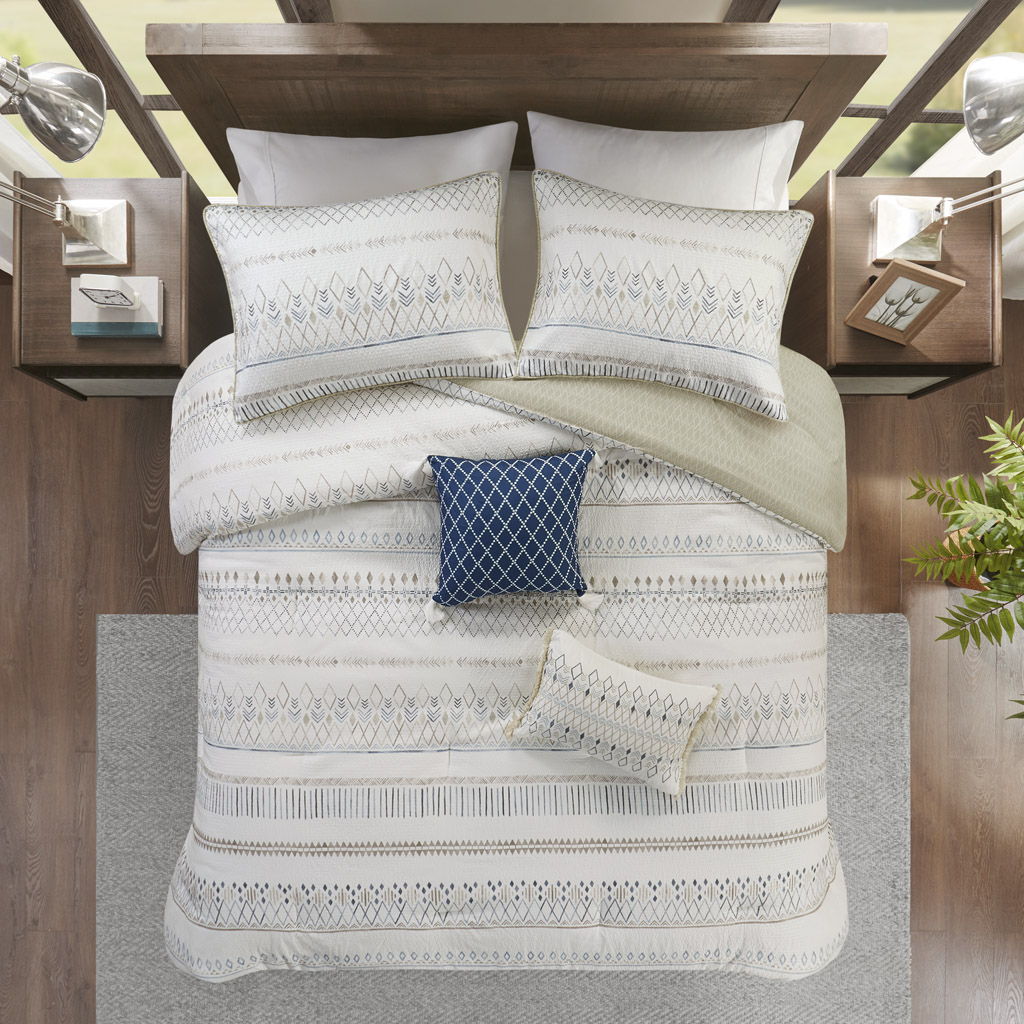 Fraser - 5 Piece King Printed Seersucker Comforter Set With Throw Pillows - Taupe Multi