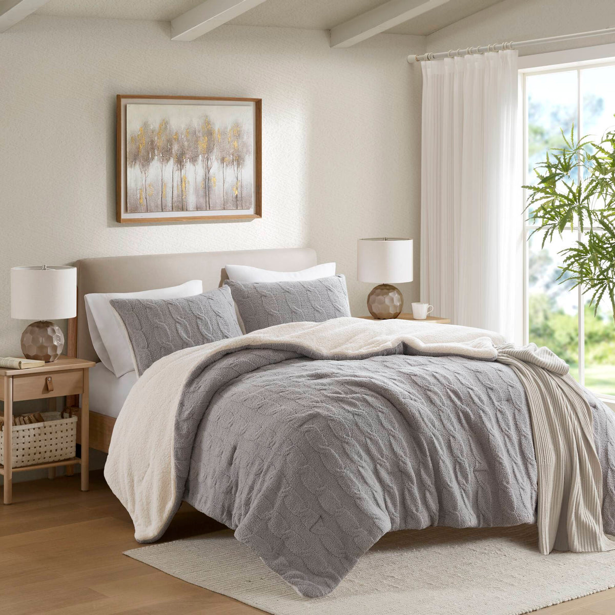 Riordan - Twin Cable Knit Comforter Set - Gray