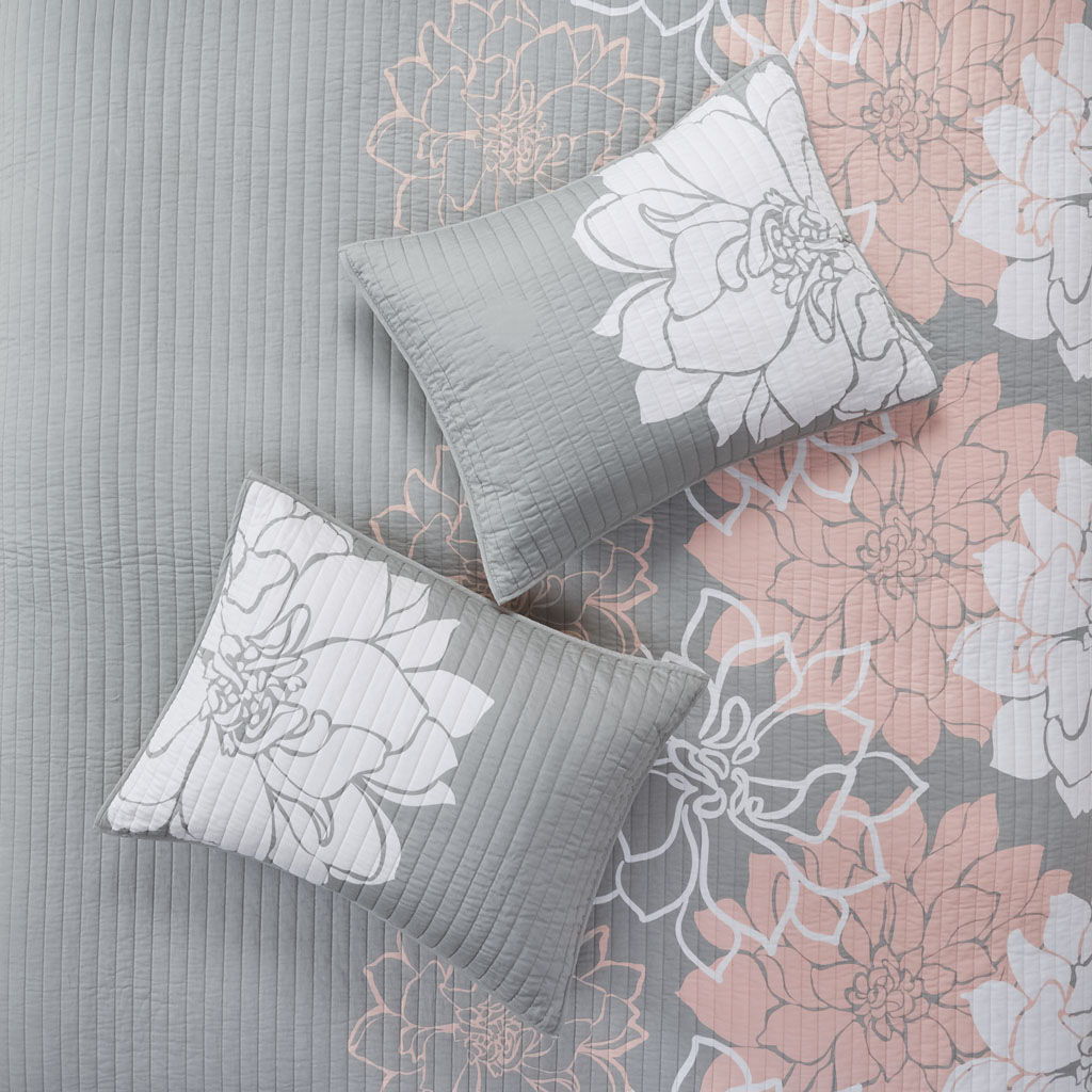 Lola - 6 Piece Reversible Printed Coverlet Set - Gray / Blush