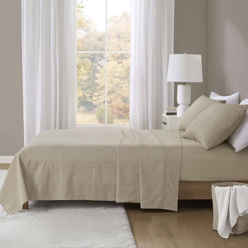Oversized Cotton Flannel - 4 Piece Queen Sheet Set - Beige / White Stripes