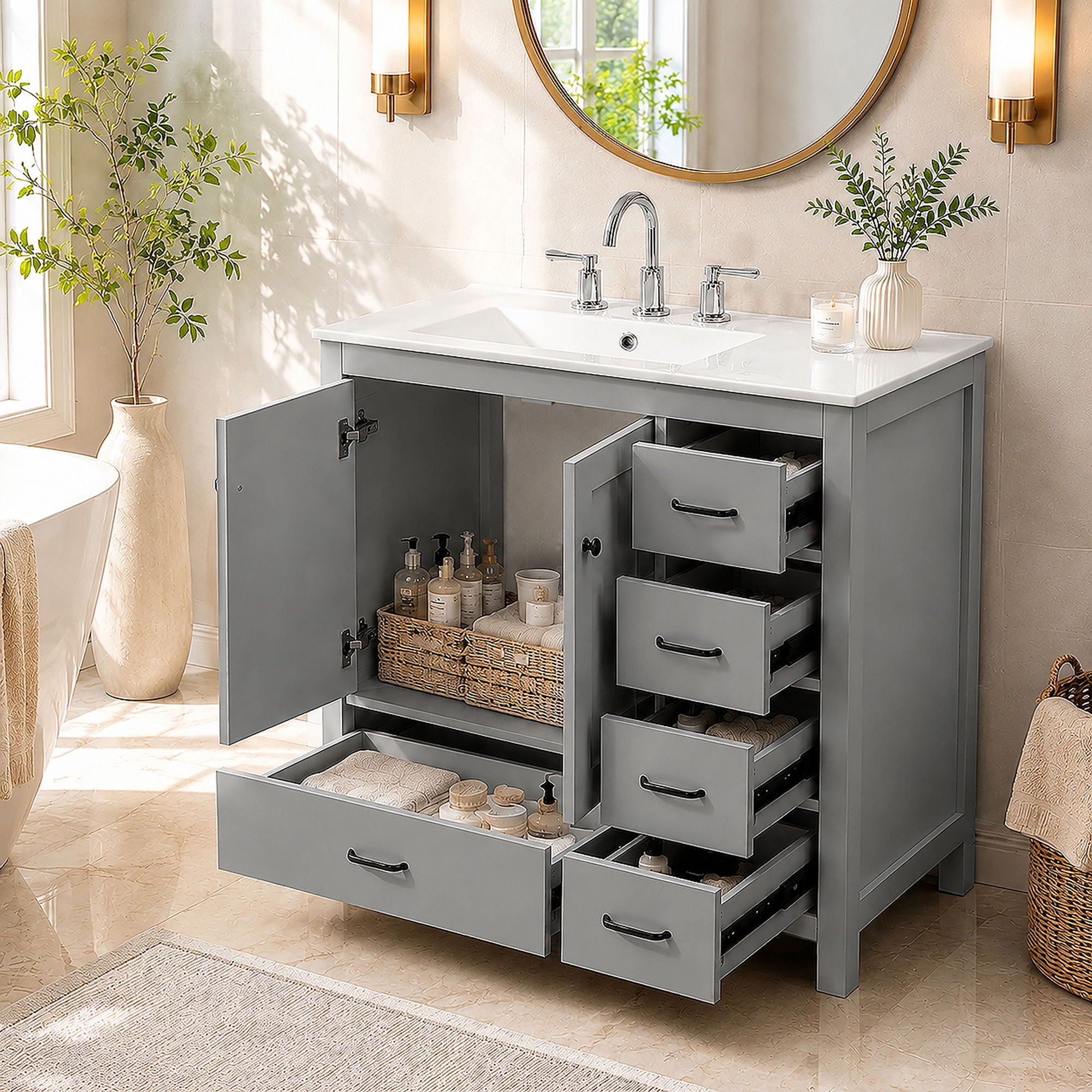 Bathroom Vanity With Sink Combo, 2 Soft Close Doors And 5 Drawers