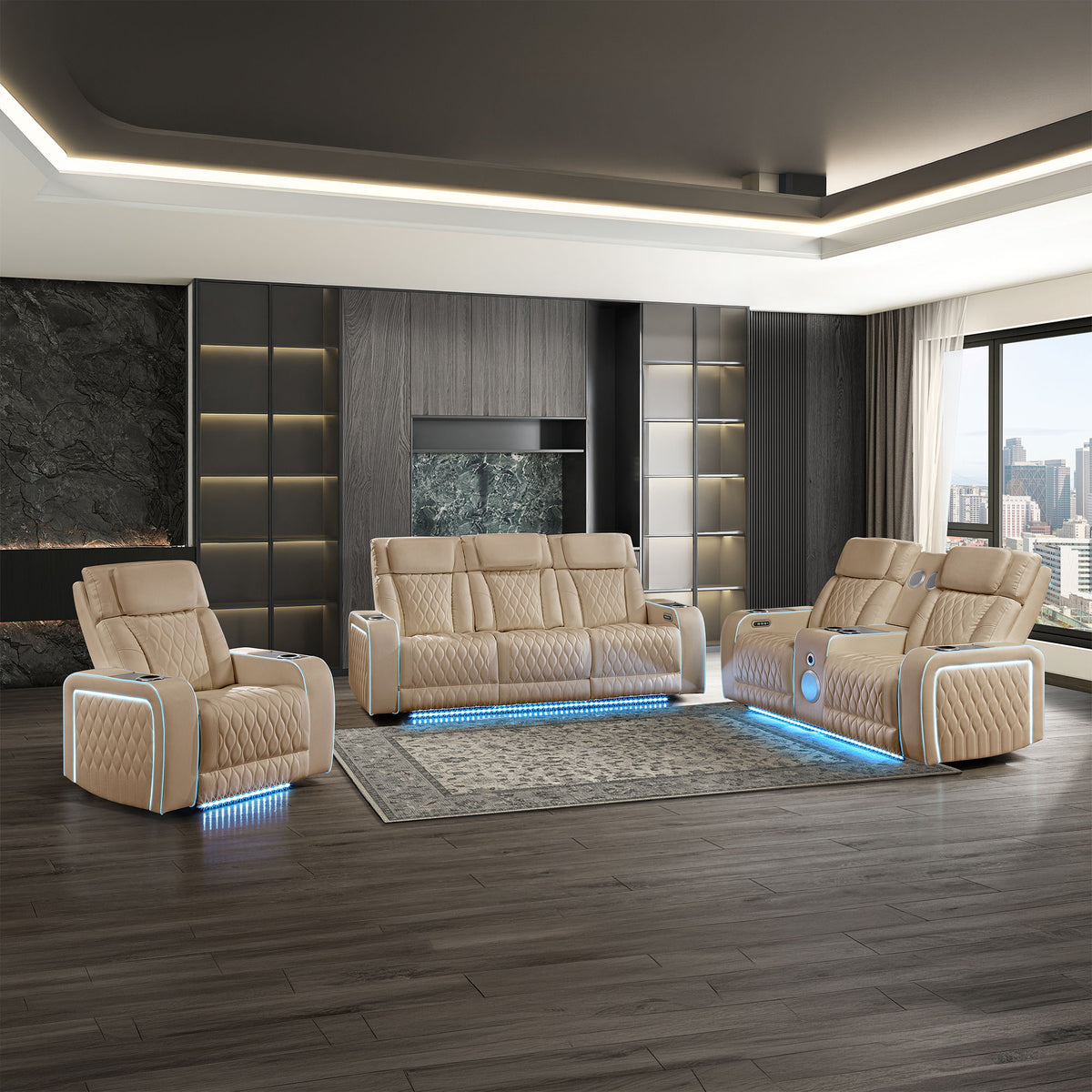 Electra - 3 Piece Power Reclining Sofa, Loveseat And Recliner Set With Power Headrests, Massage And LED Lighting