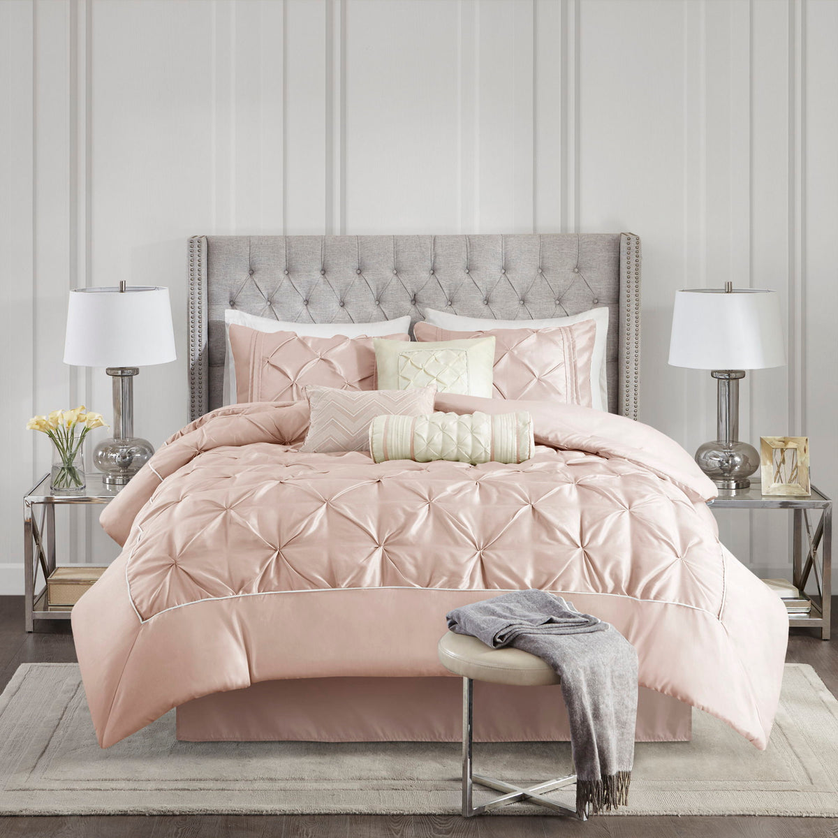 Laurel - Pieced Pleated 7 Piece Tufted Comforter Set Full - Blush
