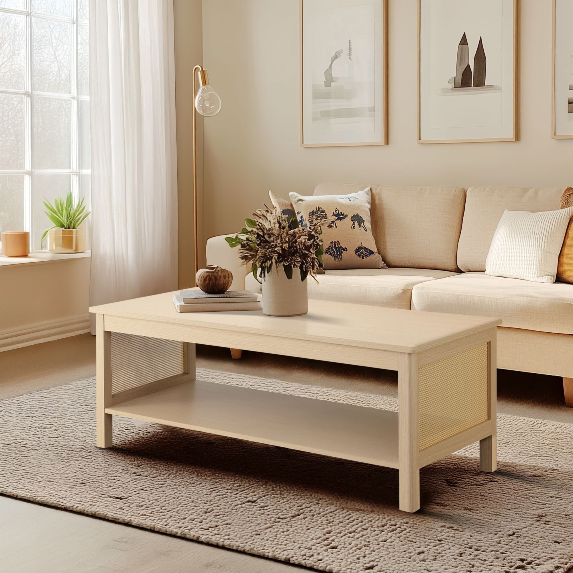 Ashlyn - 2-Tier Coffee Table With Sides & Spacious Open Shelf Storage - Natural