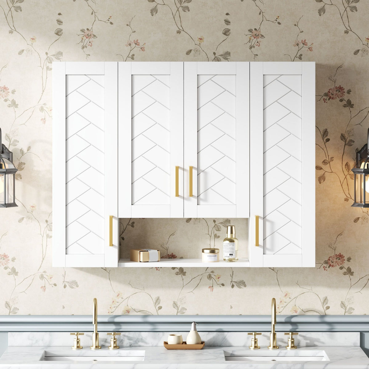 Wall Mounted Medicine Cabinet With 5 Adjustable Shelves, Exquisite Carving - White