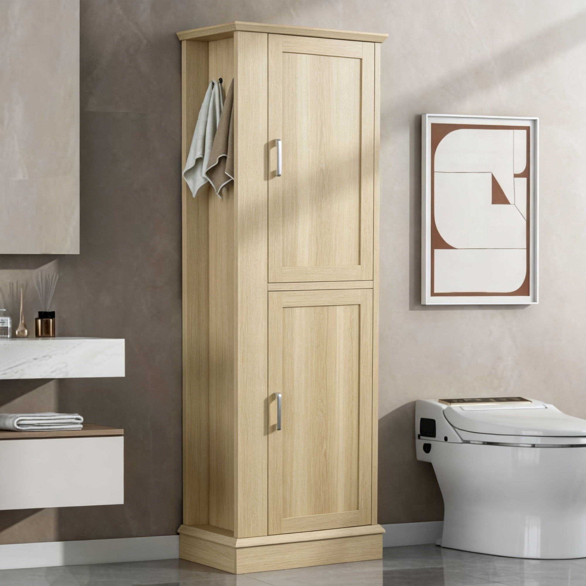 Tall Freestanding Bathroom Storage Cabinet With Adjustable Shelves And Side Hooks