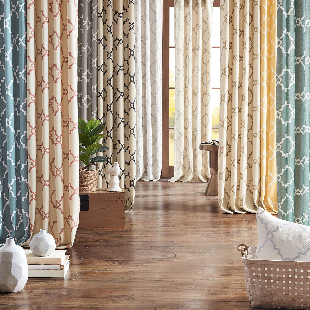Saratoga - 63" Fretwork Print Grommet Top Window Curtain - Gray