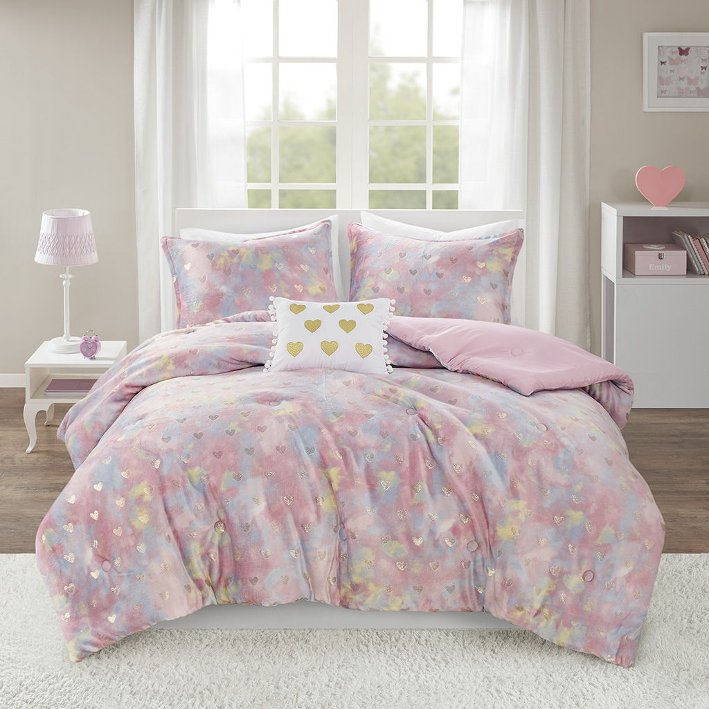Rosalie - 3 Piece Twin/Twin Long Metallic Printed Plush Comforter Set With Throw Pillow - Pink Multi/Gold