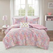 Rosalie - 3 Piece Twin/Twin Long Metallic Printed Plush Comforter Set With Throw Pillow - Pink Multi/Gold