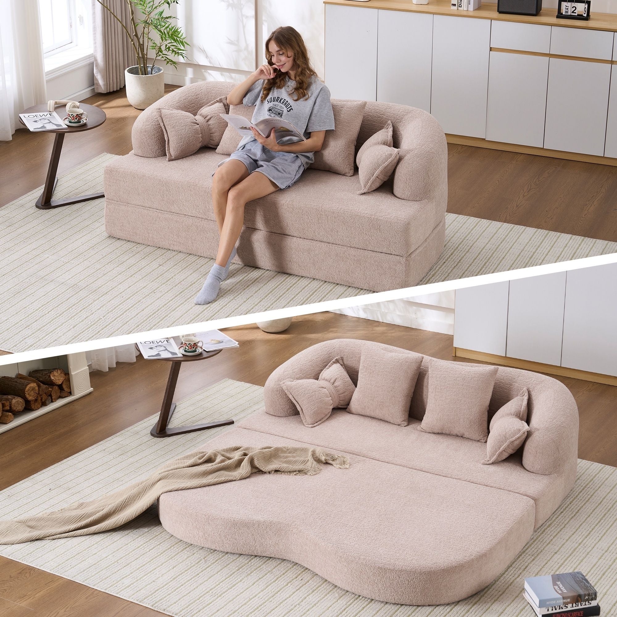 Foldable Sofa Bed, Boneless Couch Convertible Sleeper With 4 Pillows