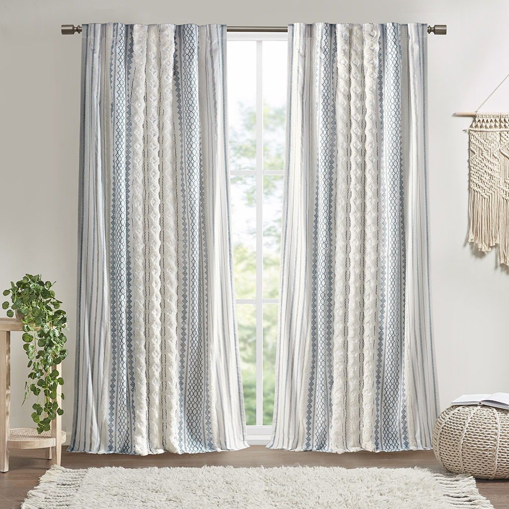 Imani - Cotton Printed Curtain Panel With Chenille Stripe and Lining - White / Navy