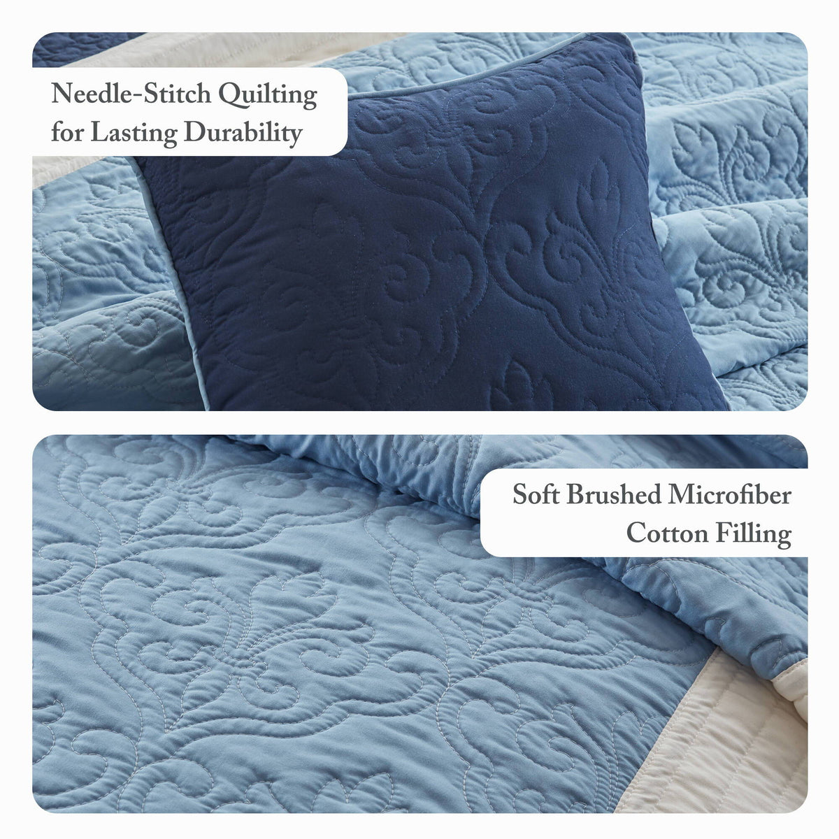 Attingham - King/California King 7 Piece Quilt Set With Euro Shams And Throw Pillows - Navy