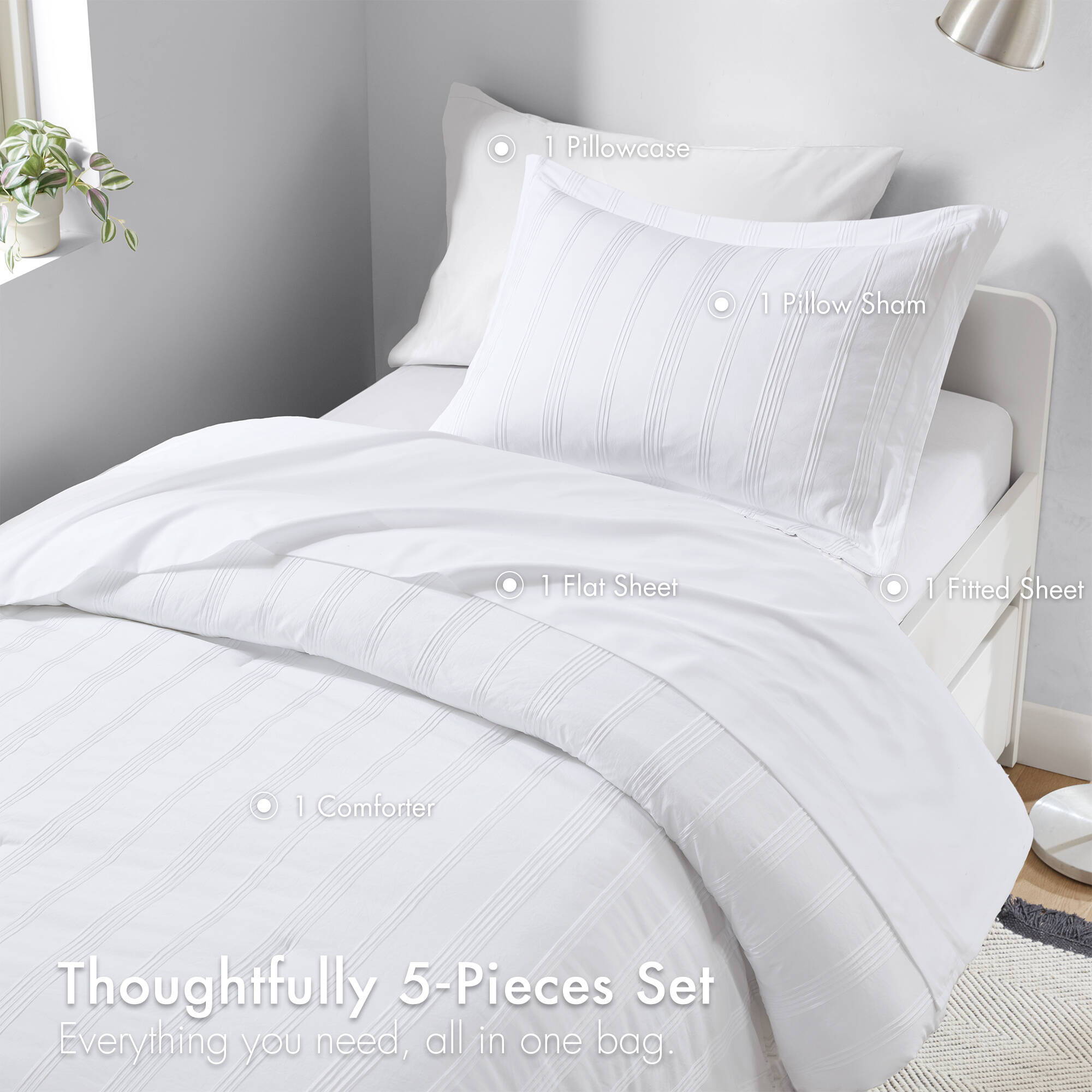 Logan - Twin/Twin Long Striped Duvet Set - White