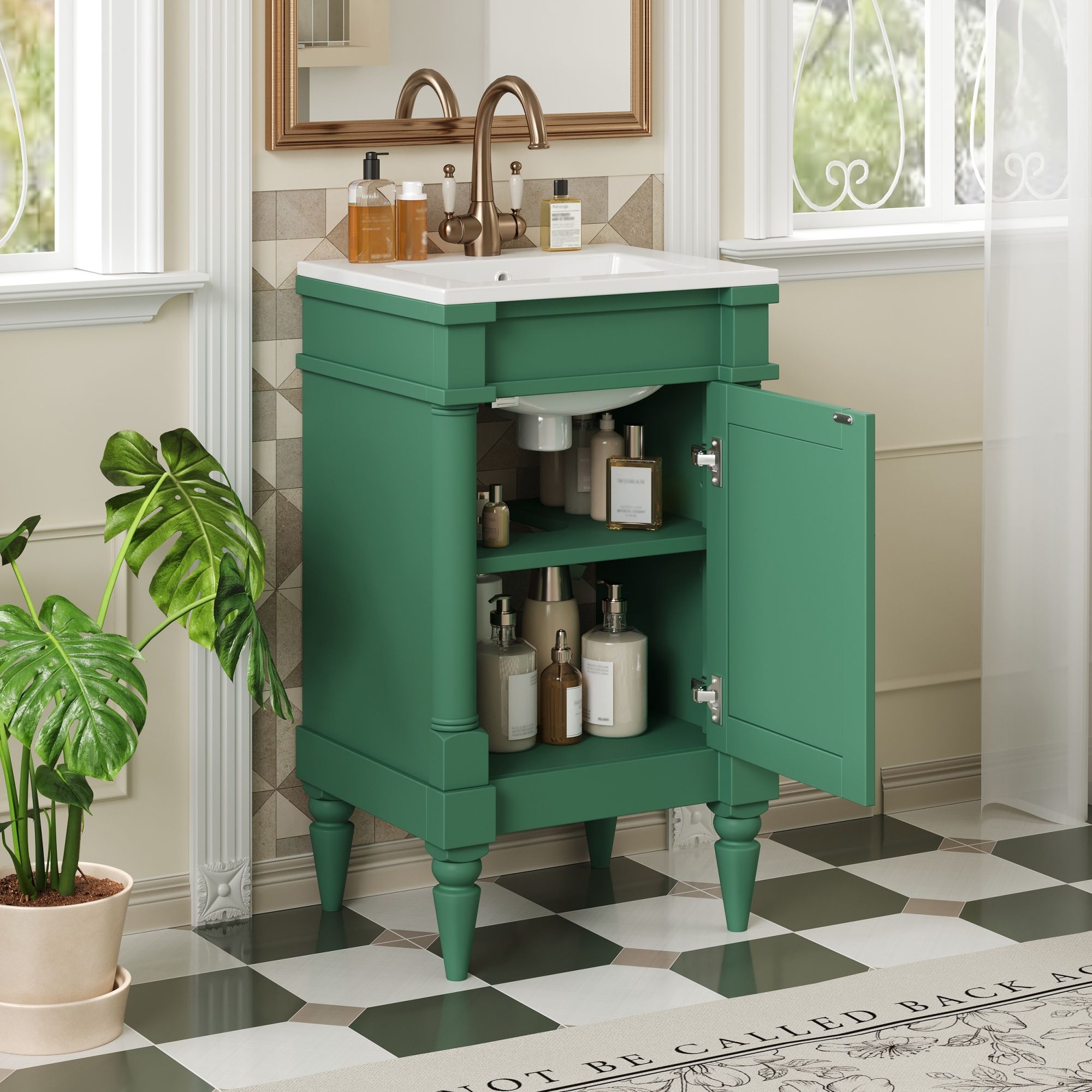 Bathroom Vanity With Sink, Compact Storage Cabinet With Door, Adjustable Shelf, Rectangular Style - Green