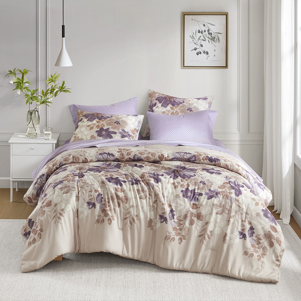 Luna - 5 Piece Twin Floral Comforter Set With Bed Sheets - Taupe