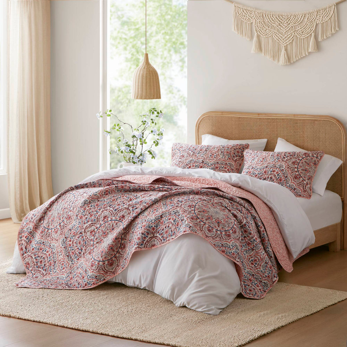 Valerie - King Boho Floral Reversible Quilt - Pink