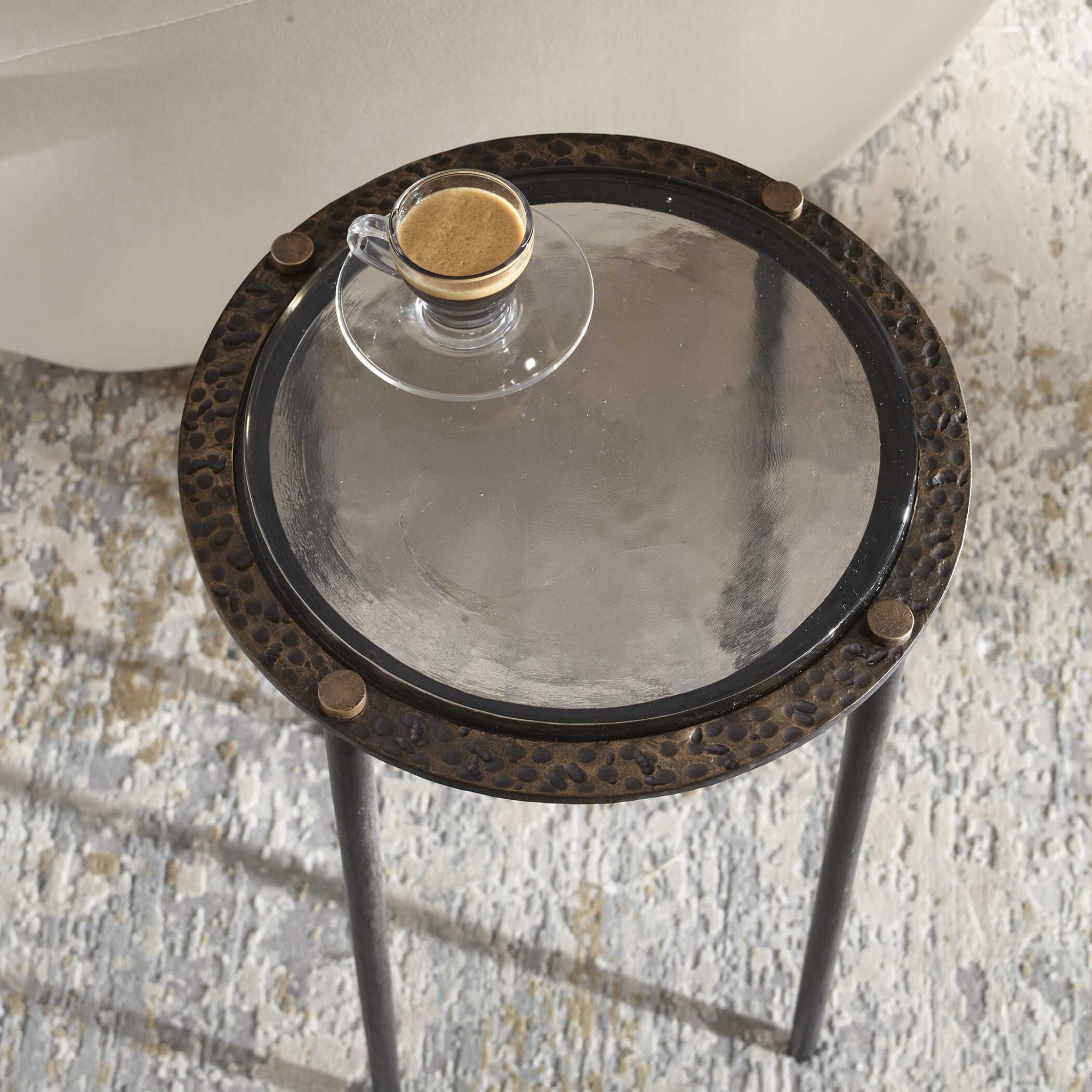 Kennington - Round Glass Accent Table - Black / Brass / Bronze