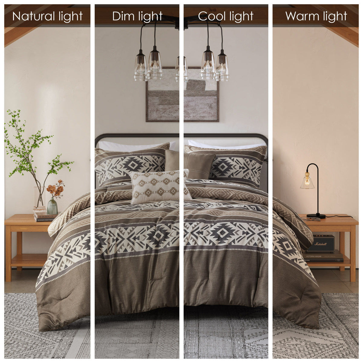 Mariposa - 5 Piece Full/Queen Stripe Herringbone Comforter Set With Throw Pillows - Brown