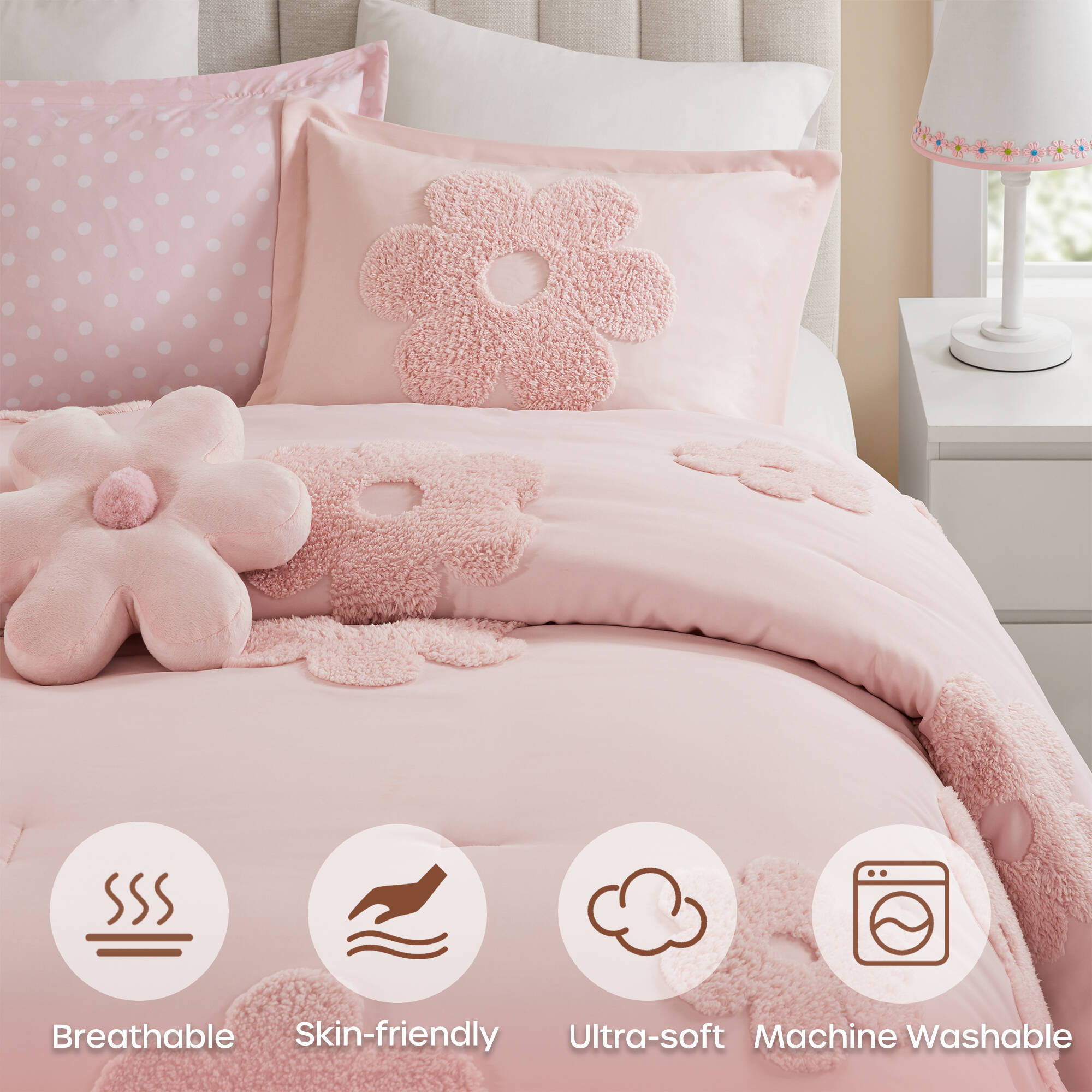 Gracie - Full/Queen Floral Reversible Comforter Set With Flower Throw Pillow - Pink