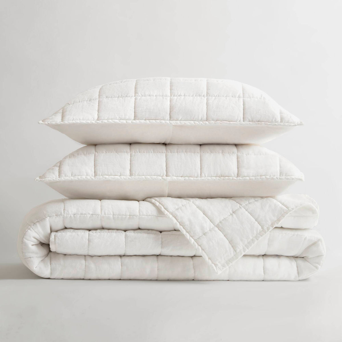 French Flax - Full/Queen Linen Garment Washed Quilt Set - White
