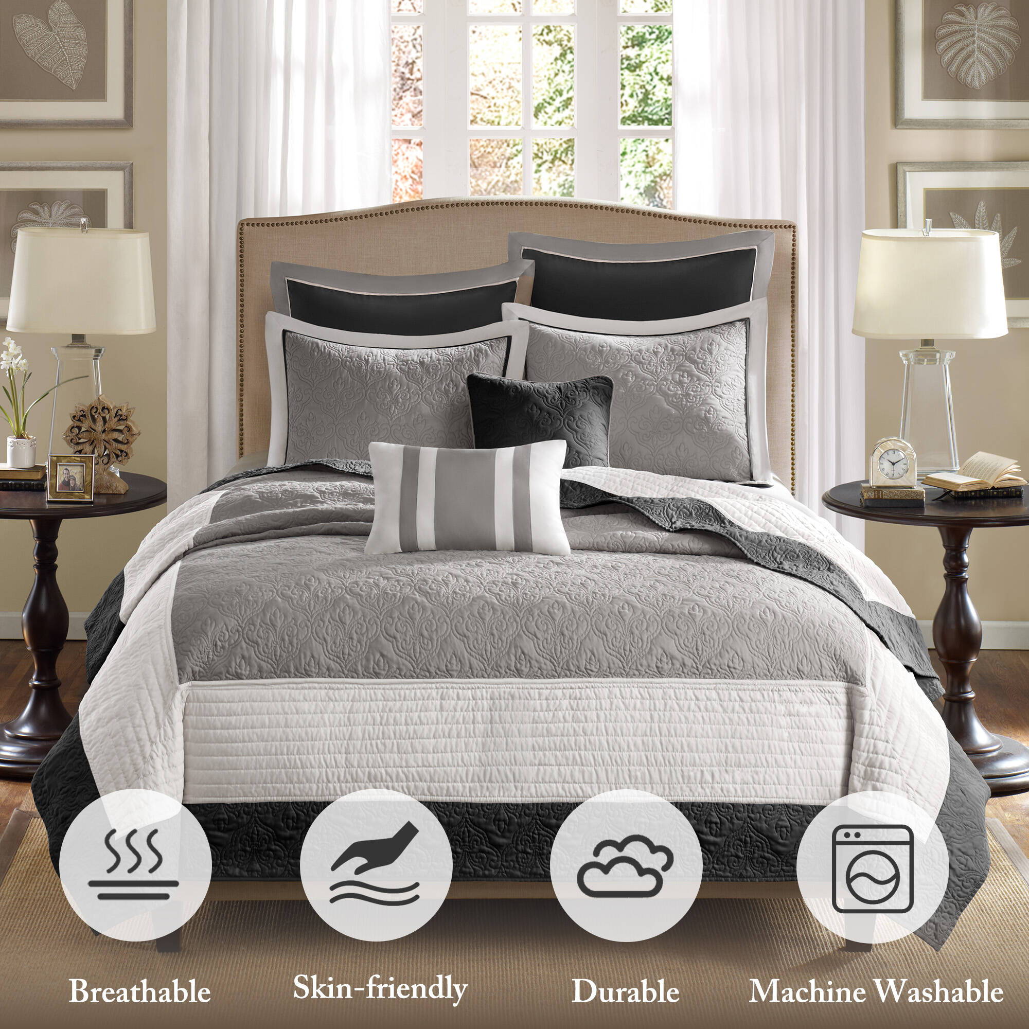 Attingham - King 7 Piece Reversible Coverlet Set - Black
