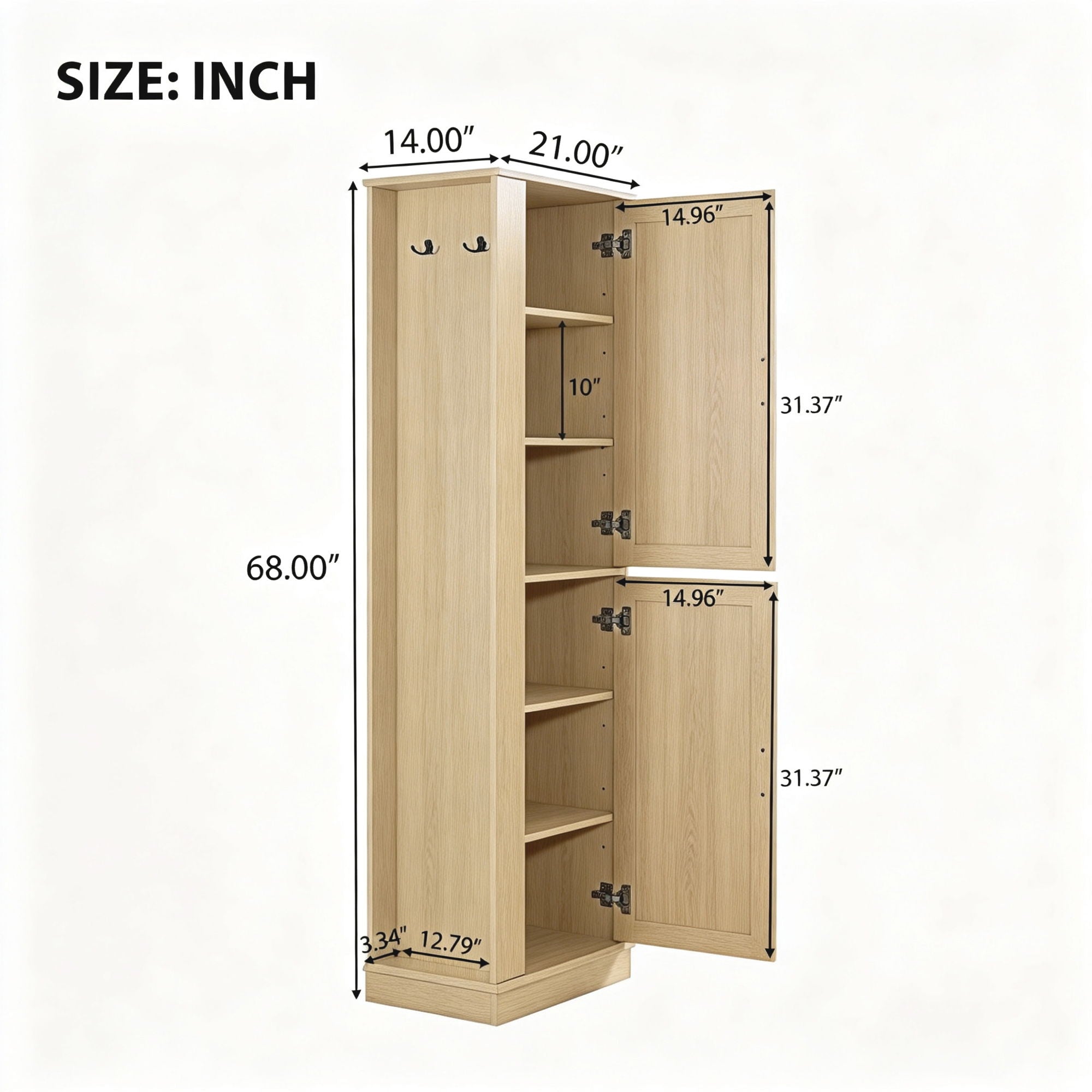 Tall Freestanding Bathroom Storage Cabinet With Adjustable Shelves And Side Hooks