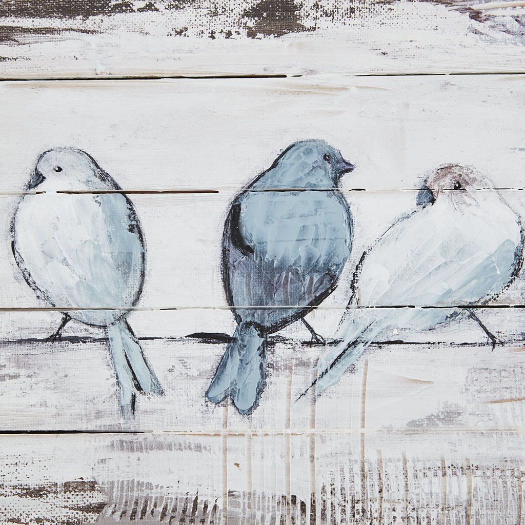 Perched Birds - Hand Painted Plank - White / Gray