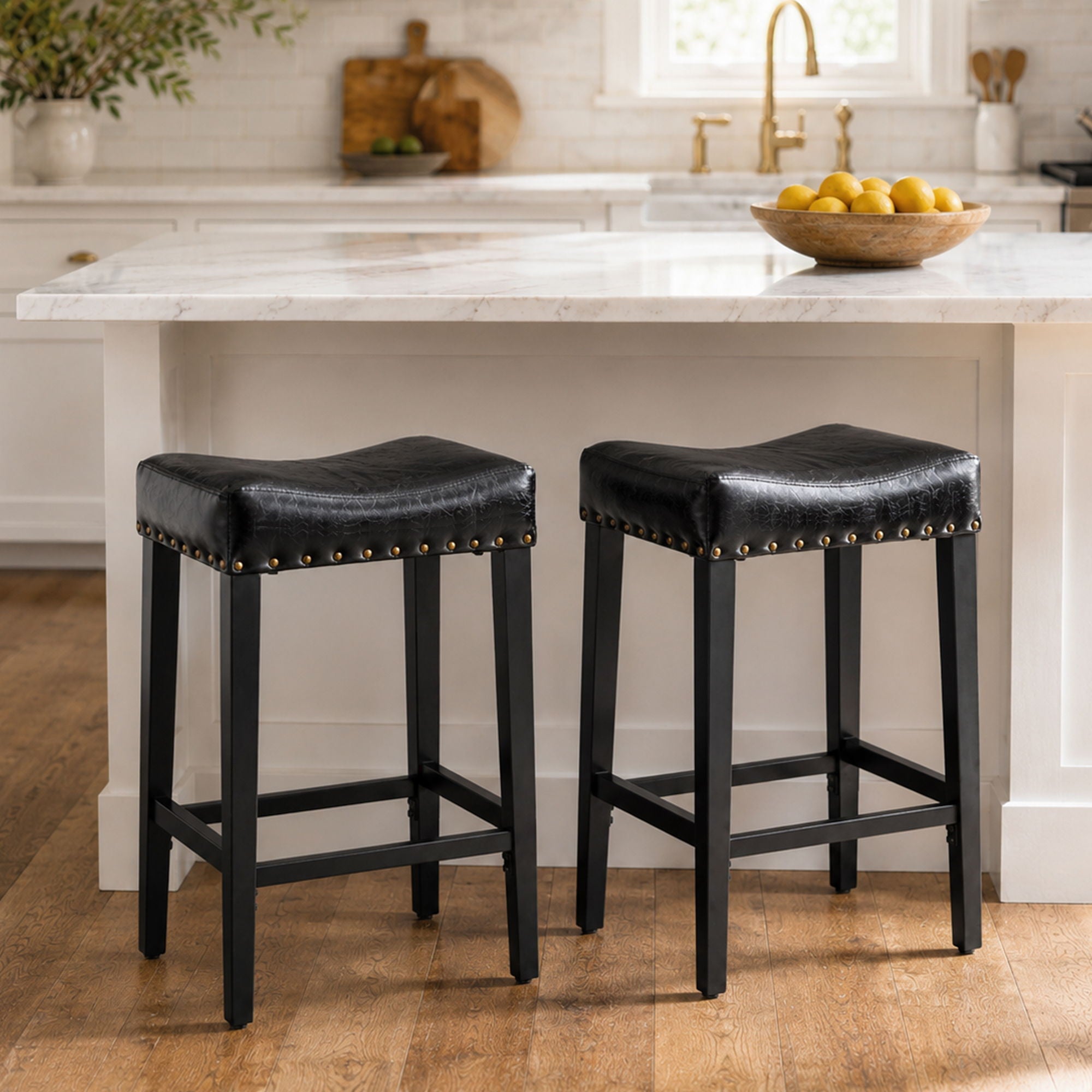Bar Stool With Brass Nailhead Trim (Set of 2) - Black