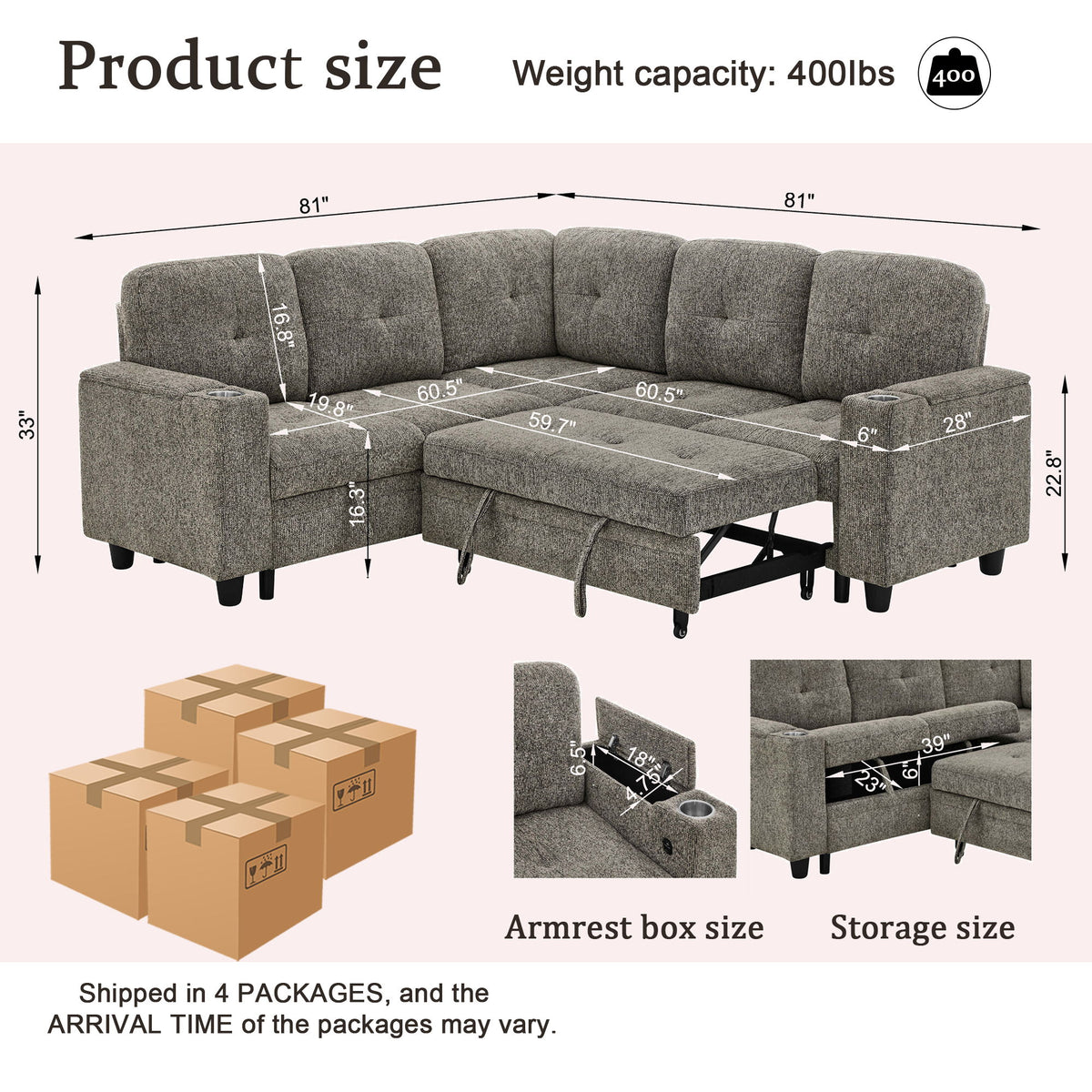 5 Seat Reversible L - Shaped Sleeper Sofa, Pull Out Convertible Sectional Couch With Storage, USB C - Charger, Cup Holders Modular Sofa Bed - Gray