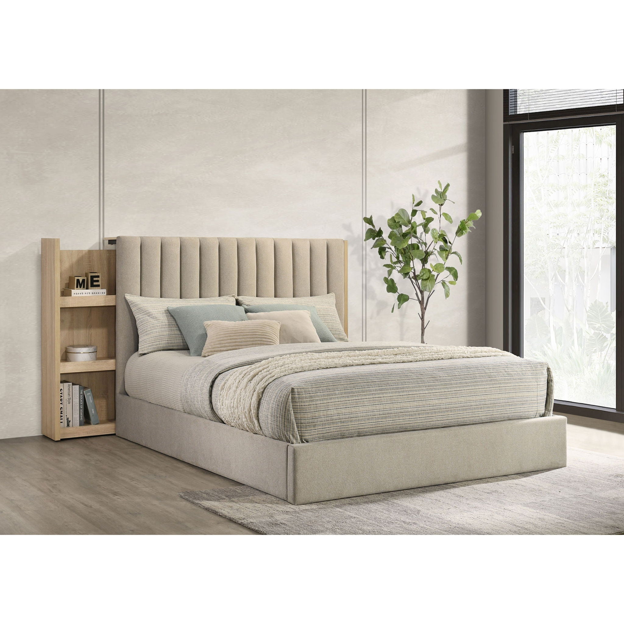 Merritt - Queen Bookcase Storage Bed With Tufted Headboard - Light Oak / Light Tan