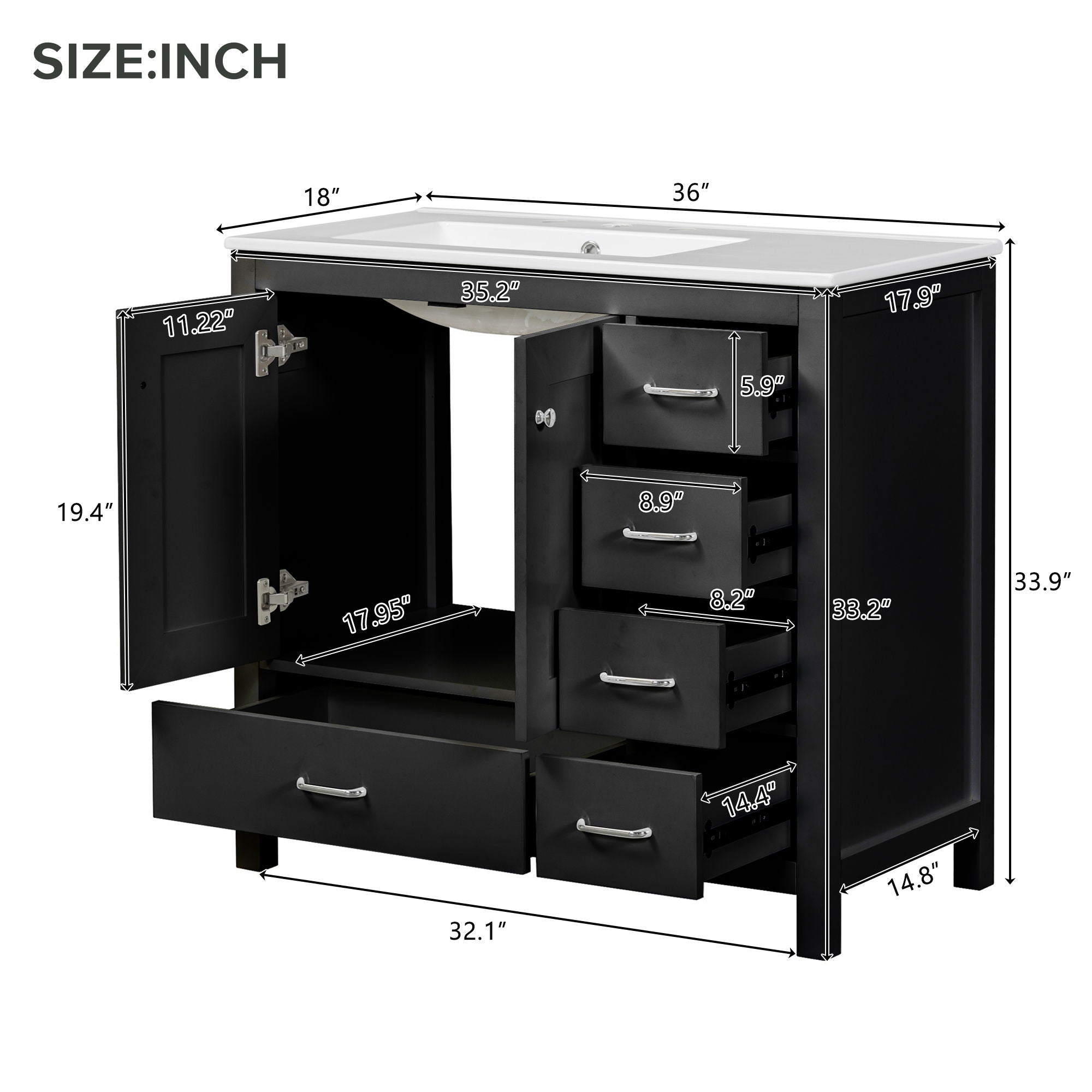 Bathroom Vanity With Ceramic Sink Combo, Abundant Storage Cabinet 2 Soft Close Doors And 5 Drawers