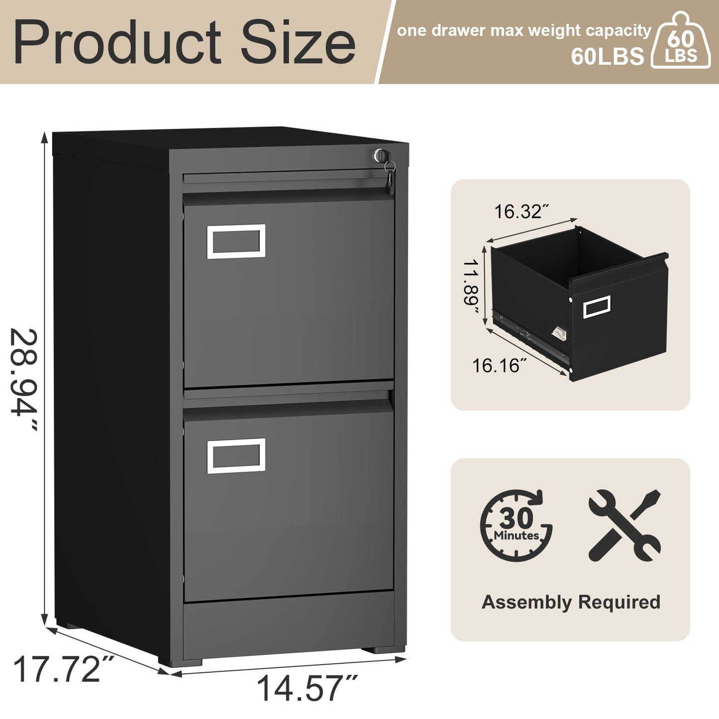 Vertical File Cabinet With Lock Letter Size/A4/Legal Files