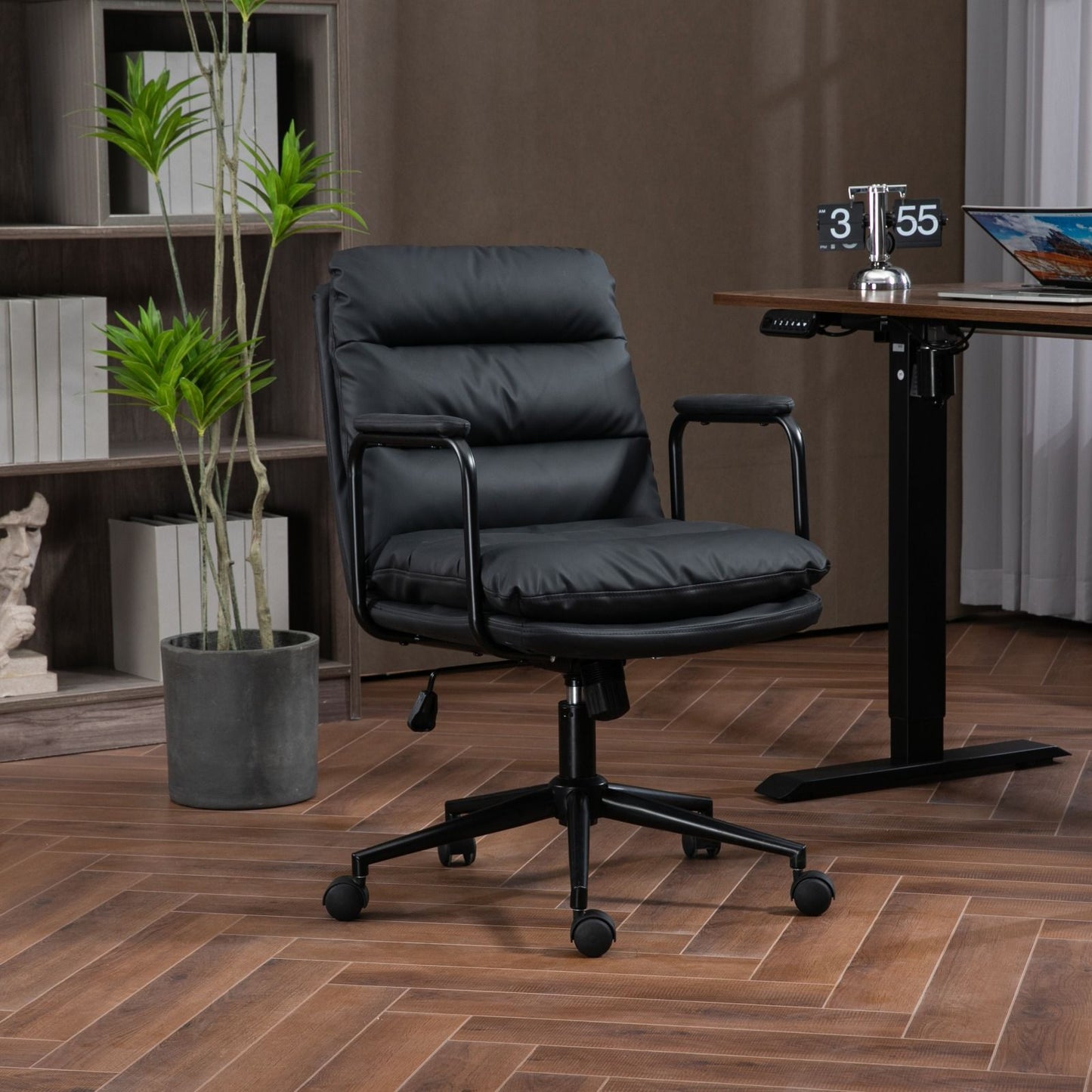 Office Chair, Mid Back Home Office Desk Task Chair With Wheels And Arms Ergonomic Computer Rolling Swivel Chair With Padded Armrest