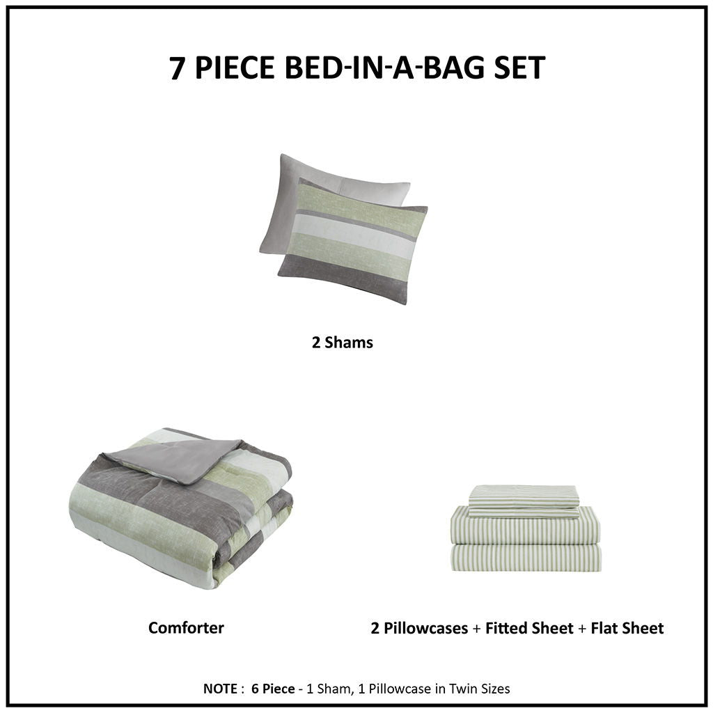 Jaxon - 7 Piece Full Stripe Comforter Set With Bed Sheets - Green / Gray